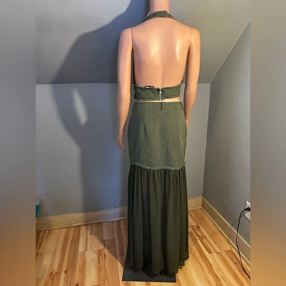 Fashion Nova Olive Green Denim Cutout Halter Top & Maxi Skirt Set Y2K Medium - Picture 5 of 5